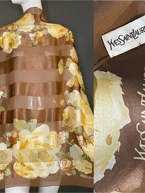 Gorg Yves Saint Laurent Taupe Yellow Rose Print Silk Scarf 34 In Good Condition